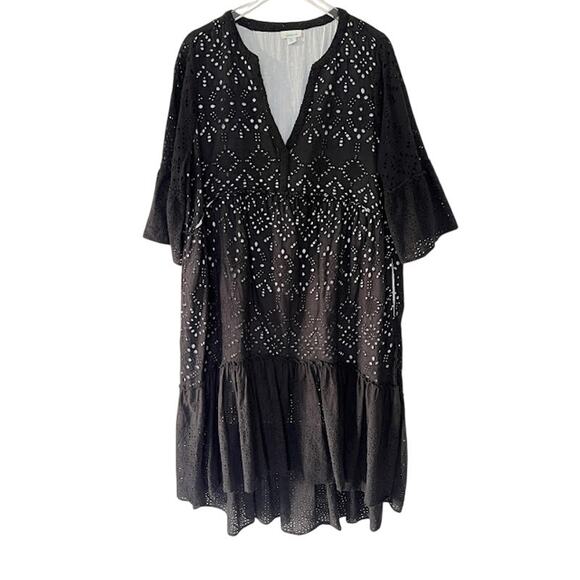 Sundance Selma Black Embroidered Eyelet Peasant Dress XL Midi High Low Flowy - Picture 2 of 9